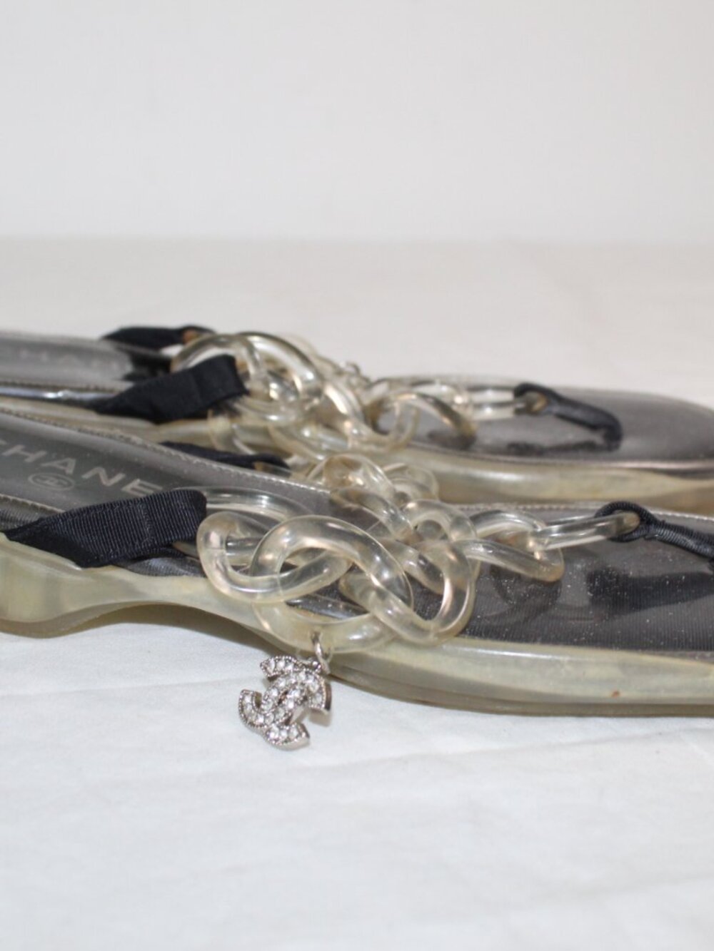 Chanel Jelly Chain Clear CC Studded Charm Thong Sandals 37.5 US 7.5 9.25 Insole - Picture 6 of 8